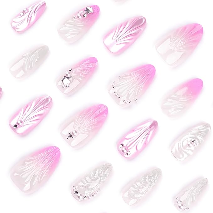 24pcs 3D Handmade Press on Nails Medium Almond Fake Nails with Pearl Shell Star Rhinestones Designs Pink Gradient False Nails Stick on Nails Summer Full Cover Acrylic Nails Glue on Nails for Women
