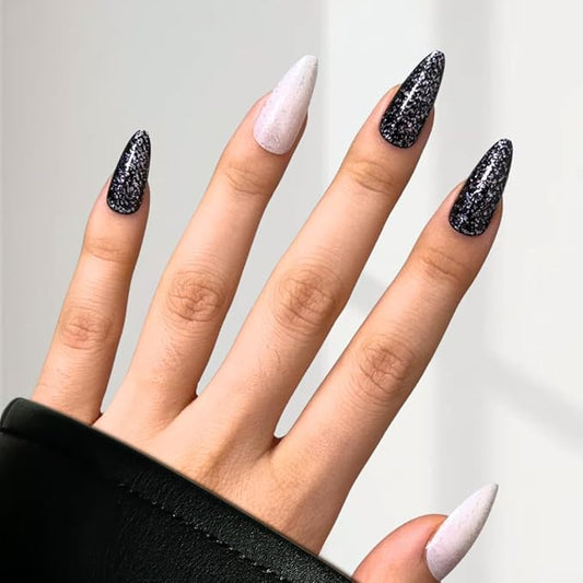 Perfect Look Press On Nails - Star Dust | No Glue One-Day Long Almond Nails, White and Black Glitter with Glossy Finish - 24 Pcs Nail Kit with Adhesive Tabs
