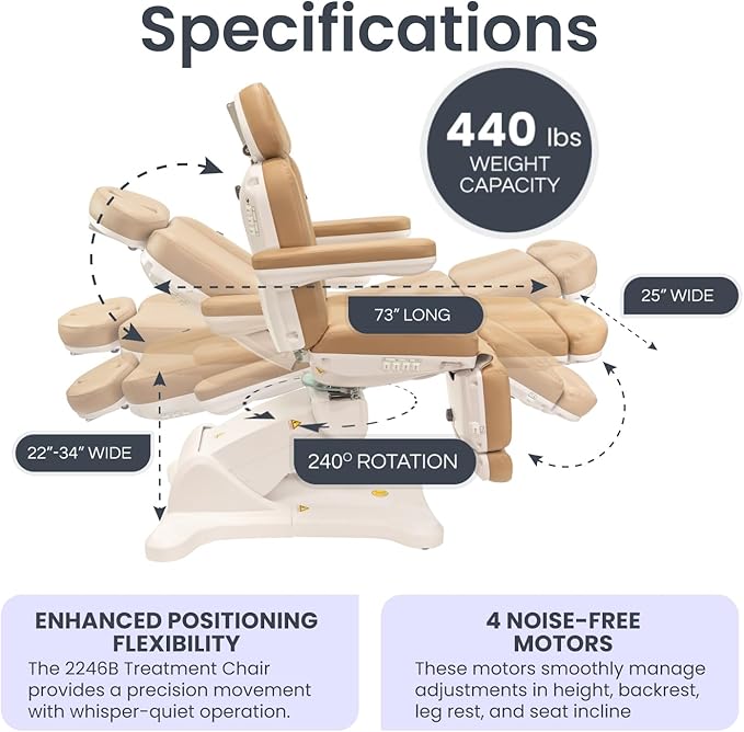 Spa Chair for Esthetician, Electric Facial Bed with 240° Rotation, 4 Motors, and Adjustable Headrest, Professional Medical Spa Exam Chair - 2246B, (Black)