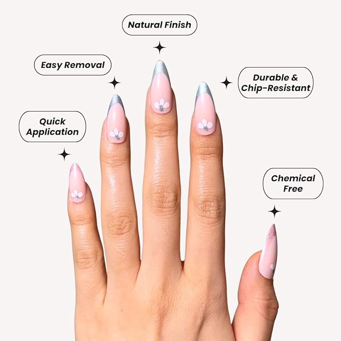 Perfect Look Press On Nails - Chrome French | No Glue One-Day Almond Nails, Floral Nails with Metallic Silver Tips - 24 Pcs Nail Kit with Adhesive Tabs