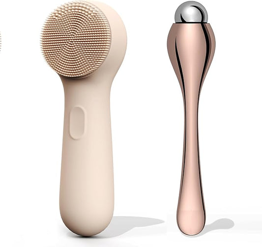 NågraCoola CLIE 2.0 Silicone Face Scrubber, Facial Cleansing Brush, Rechargeable, Waterproof Face Scrub Brush for Deep Cleansing, Exfoliating, Massage, with Eye Roller, for Women and Men - Oat