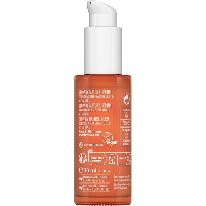 lavera Glow by Nature Serum - Face Serum with Q10 & Vitamin C for a Radiant Complexion - Moisturizing Facial Serum - Anti Wrinkle - PETA Certified - Vegan - Made in Germany - 1 Fl Oz