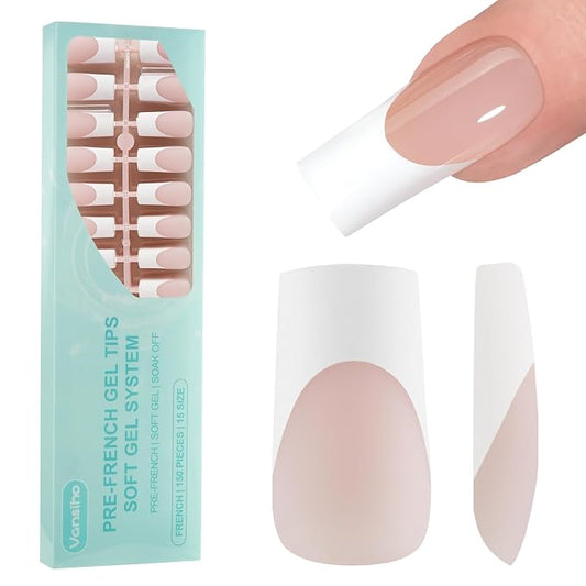 Vansiho French Gel Nail Tips, 150Pcs Long Square Gel Nail Tips, French Tips Press on Nails, French Square No Need to File 3 in 1 Pre-French Gel Tips, Fake Nails for Nail Art DIY 15 Sizes