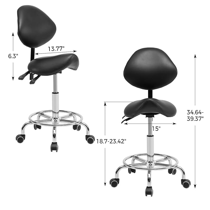 Tatub Saddle Stool, Rolling Stool with Back Support, Ergonomic Saddle Chair, Adjustable Stool with Wheels for Salon, Tattoo, Spa, Dentist, Massage, Office