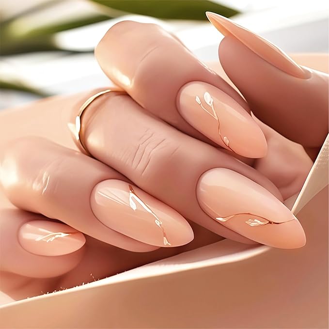Leaf Press on Nails 24Pcs Gold Leaves Press ons Fingernails Glossy Nude Medium Almond False Nail Simple Gel Glue on Acrylic Fake Nails Curve Line Stick on Nail for Holiday Manicure Art