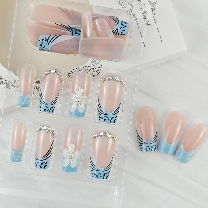 24Pcs Blue French Tip Press on Nails Medium Square Summer Flower Fake Nails 3D Floral with Rhinestones Full Cover Tips Glue on Nails Pink Nails Stick on Nails Cute False Nails for Women Acrylic Nails