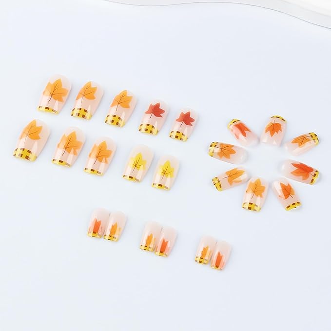 Maple Leaf Press on Nails 24Pcs Glossy Yellow Grid French Tip Acrylic Fake Nail Thanksgiving Medium Square False Nails Fall Leaves Stick on Fingernails Autumn Gel Glue on Nail for Coquette Women Girls