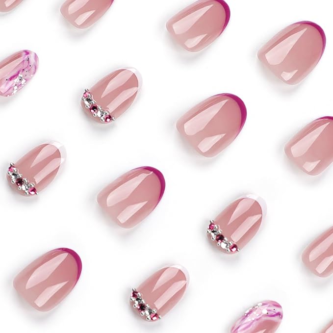 Short Almond Press on Nails Purple French Tip Fake Nails Oval False Nails with Designs Wave Rhinestones Glue on Nails Full Cover Acrylic Nails Glossy Stick on Nails for Women Manicure Art 24 Pcs