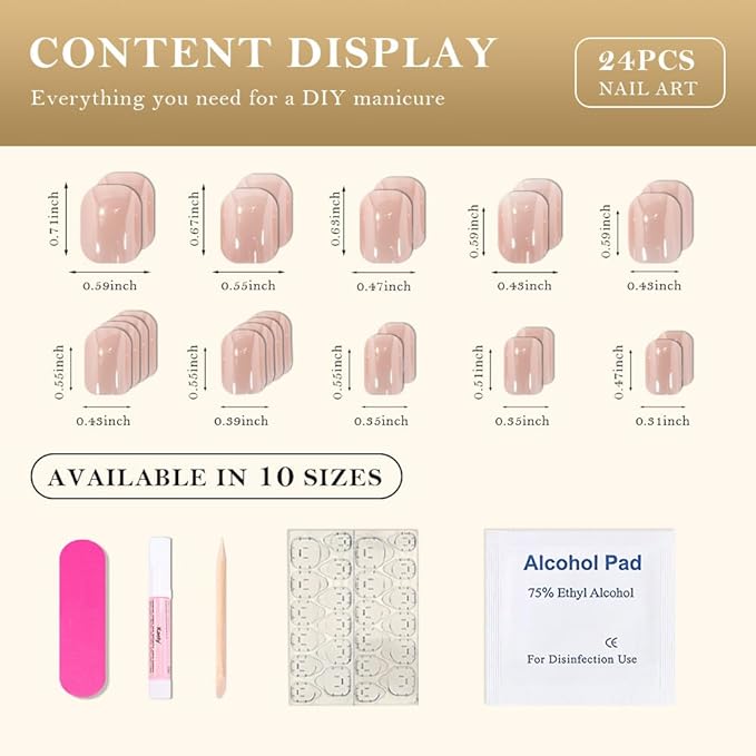 evpct Nude Glazed Press on Nails Short Square for Women Girls Gift, Chrome Glazed Nude Fake Nails Reusable with Soft Gel, Glossy Glitter Stick Glue on False Nail Kit Salon Quality DIY at Home, 01