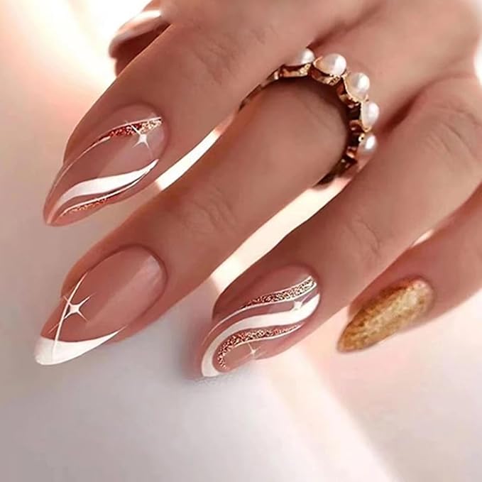 6 Packs (144 Pcs) French Tip Press on Nails Medium Almond Fake Nails Full Cover False Nails with Design Glossy Glue on Nails in 12 Sizes Fake Nails Kit Reusable Artificial Stick on Nails for Women