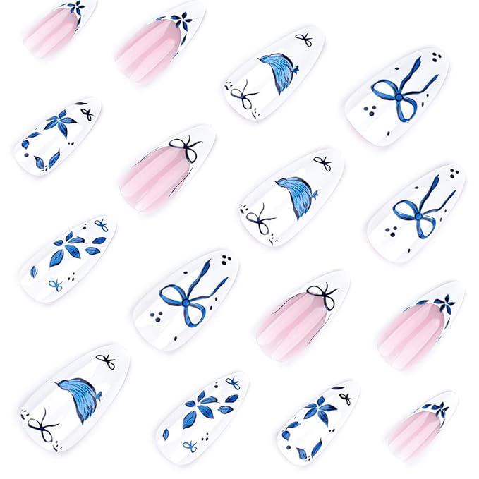 24Pcs Blue Flower Press on Nails Medium Almond Fake Nails Cute Bow Floral Design Glossy Full Cover Glue on Nails Spring Summer Nails White French Tip False Nails for Women Girls Acrylic Manicure DIY