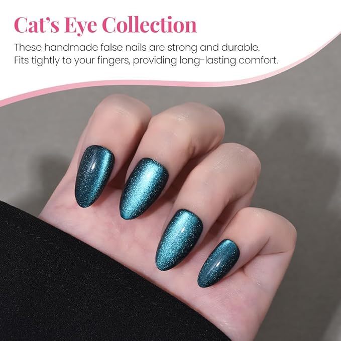 evpct Dark Blue Press on Nails Almond Short, Sapphire Blue Cat Eye Glitter Holographic Press on Nails, Soft Gel Press Glue On Nail with Nail Glue, Full Cover, 30Pcs Reusable Acrylic Fake Nails Kit