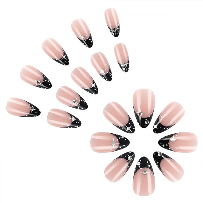 24Pcs Star Press on Nails Medium Almond Fake Nails Black French Tip False Nails with Round Silver Rhinestones Design Full Cover Glue on Nails Nude Artificial Nails Glitter Stick on Nails for Women DIY