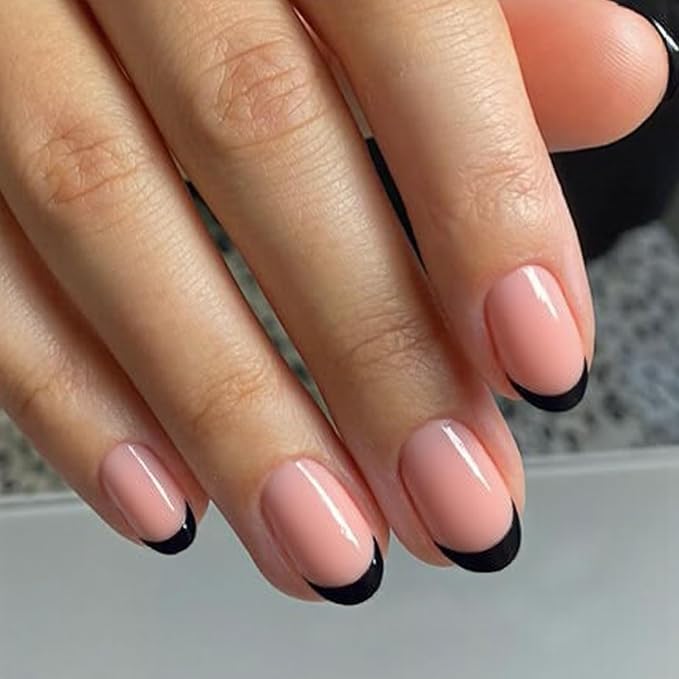 modelones Black French Tip Press On Nails, Christmas Short Oval Fake Nails Press Ons with Nail Glue, Adhesive Tabs, Nail File, Prep Pad, Manicure Stick, 32Pcs 16 Sizes