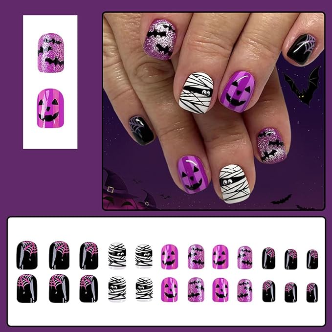 Halloween Press on Nails Purple Fake Nails Short Square False Nails Black Bat Ghost Spider Web Design Flash Glitter Glue on Nail Cute Full Cover Acrylic Stick on Nail for Women Manicure Supplies