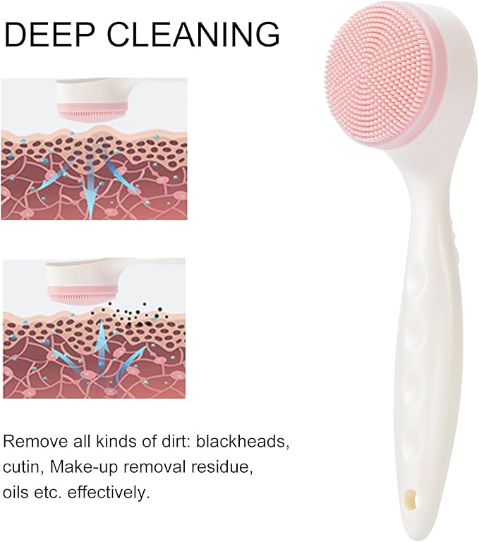 2 Pack Silicone Face Scrubber Exfoliating Brush, Manual Handheld Facial Cleansing Brush Blackhead Scrubber, Soft Bristles Waterproof for Face Skincare (Round-Blue Head+Pink Head)