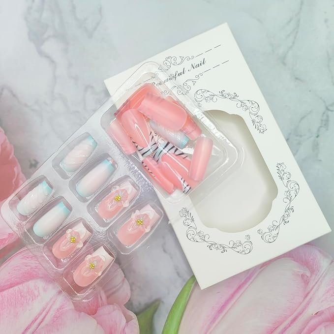 24Pcs Blue White Gradient Press on Nails Long Square Fake Nails with Zebra Stripe Designs French Tip False Nails 3D Flowers Water Ripple Glue on Nails Summer Reusable Stick on Nails for Women Girls