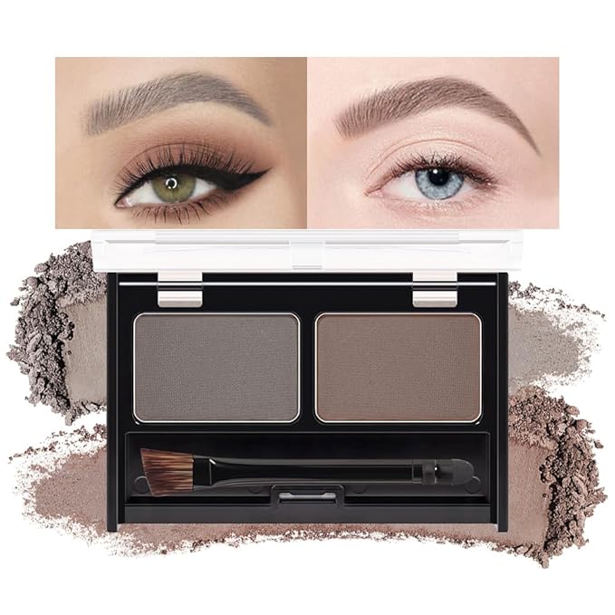 Eye Brow Powder for Women, Medium Brown Eyebrow Powder Kit with Double-ended Eyebrow Brush, Long-Lasting Waterproof Two Colors, Purse-Friendly Compact, Cruelty Free (Medium Brown+Grey)