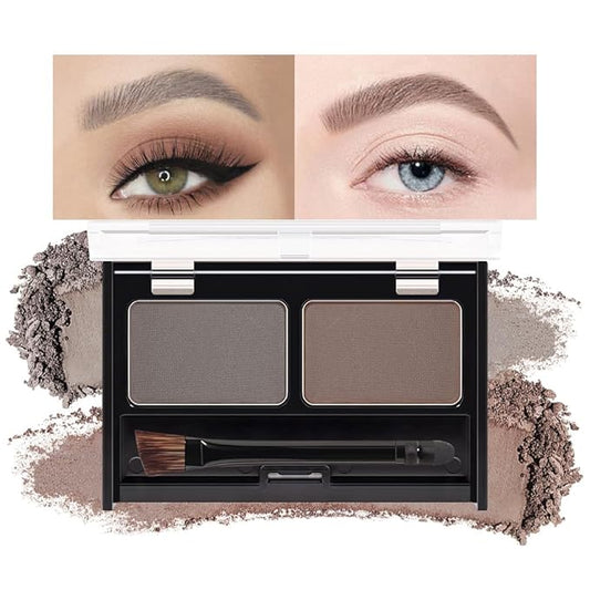 Eye Brow Powder for Women, Medium Brown Eyebrow Powder Kit with Double-ended Eyebrow Brush, Long-Lasting Waterproof Two Colors, Purse-Friendly Compact, Cruelty Free (Medium Brown+Grey)