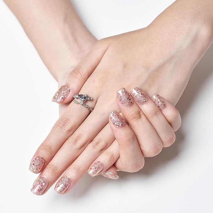 GLAMERMAID Press on Nails Extra Short Square, Spring Handmade Glitter Dazzling Light Gel Glue on Nails, Glossy Fake Nails Reusable Acrylic False Nails Manicure Kits for Women