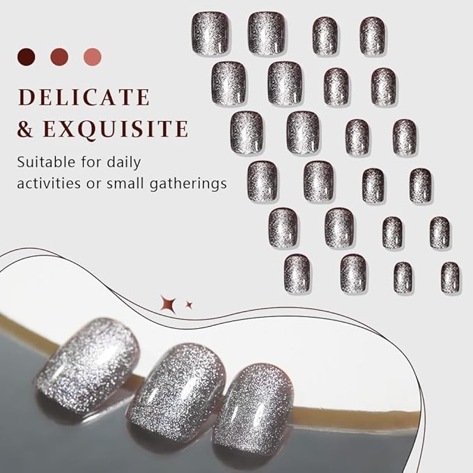 evpct Glitter Pearl Silver Cat Eye Press on Nails Square, Short Square Stick Glue on Nails for Women Gift, Glitter Metallic Shimmer Silver Reusable Gel Press on Acrylic Fake Nail with Designs