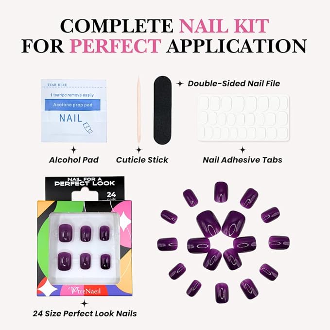 Perfect Look Press On Nails - Velvet Plum | No Glue One-Day Short Squoval Nails, Glossy Deep Purple Nails for Daily Wear - 24 Pcs Nail Kit with Adhesive Tabs