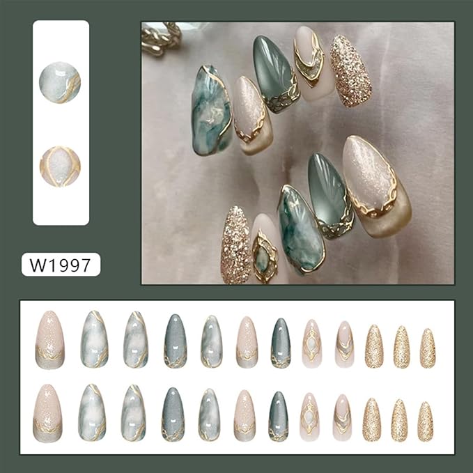 Almond Press on Nails Medium Fake Nails Green False Nail with Gold Glitter Design Handmade Artificial Acrylic Nail Press ons Reusable Almond Nails Glue on Nail for Women Girls 24Pcs