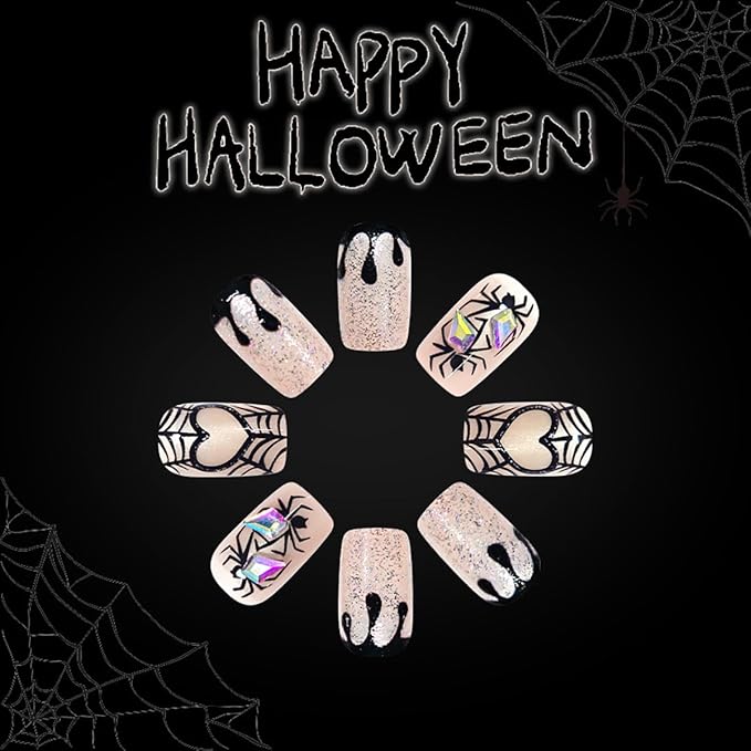 24Pcs Halloween Press on Nails Short Square Black Spider Fake Nails with Rhinestones Design Horror False Nails Bloody Drop Full Cover Artificial Tip Glue on Nail Holiday Goth Stick on Nail for Women