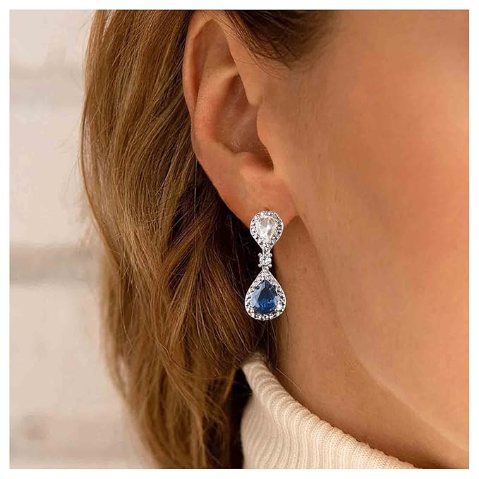 Vintage Sapphire Drop Earrings Oval Sapphire Crystal Earrings Silver Teardrop Rhinestone Stud Earrings Blue Crystal Wedding Earrings Jewelry for Women and Girls Gifts