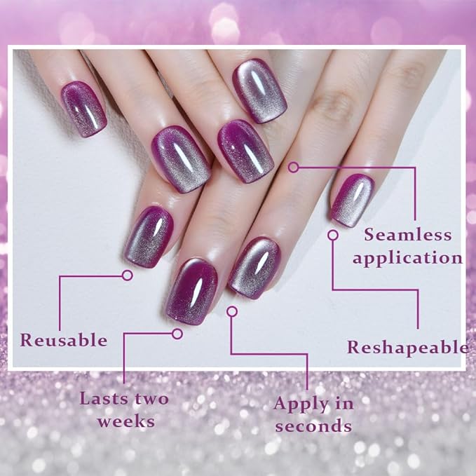 evpct Light Purple Cat Eye Extra Short Press on Nails Square, Petite Short Square Glue on Nails for Women Gift, Magenta Purple Holographic Glitter Glossy Reusable Gel Press on Acrylic Fake Nail