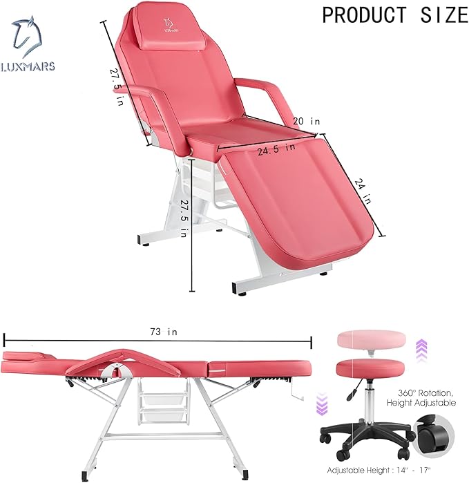 Facial Chair,73 inch Tattoo Chair for Client,3-Section Adjustable Massage Table with Hydraulic Stool, Multipurpose Beauty Beds Salon Equipment for Esthetician, Tattooshop, Spa