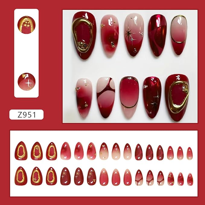 24Pcs Red Press on Nails Short Almond Fake Nails Bead Stars with 3D Texture Gold Design Full Cover Artificial Chrome Glue on Nails Handmade Press Ons French Tip False Nails for Women Acrylic Nails