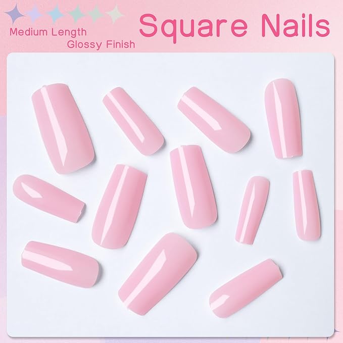 LuckForever 240pc Square Press on Nails Long Fake Nails, Long Press on Nails Square Nail Tips Full Cover Pink Acrylic Nails Press ons Nail False Fingernail with Glue Adhesive Tabs for Women Girls