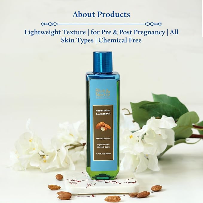 Blue Nectar Saffron & Almond Oil, Ayurveda Product for Crepey Skin | Skin Firming Body Oil for Stretch Marks (12 Herbs, 3.38 Fl Oz)