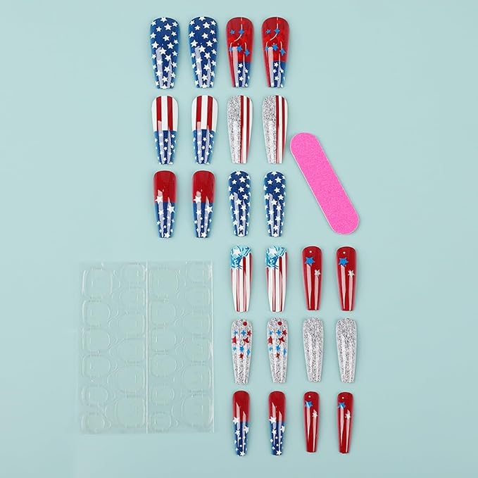 Independence Day Press on Nails Long Square Fake Nails Red Blue Star Stripe Design 4th of July False Nails Glitter Stick on Nail Gradient Glue on Nail for Women Holiday Decoration Art Nail Supplies