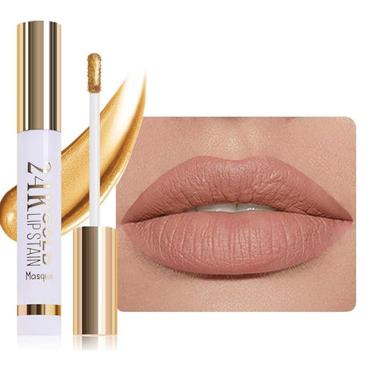 All Day Lip Stain Peel Off Gold Liquid Lip Gloss Tattoo, Light Brown Matte Finish Peel Off Lip Stain Masque, Long Lasting Waterproof Lip Tint, Transfer-proof for All Skin Types 01#