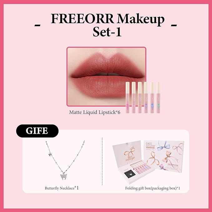 Makeup Set for Women, Lipstick Gift Box Set Include 6Pcs Matte Liquid Lipstick and a Butterfly Necklace, Easy to Match with Different Makeup looks, Christmas Makeup Set Gift for Girls-01