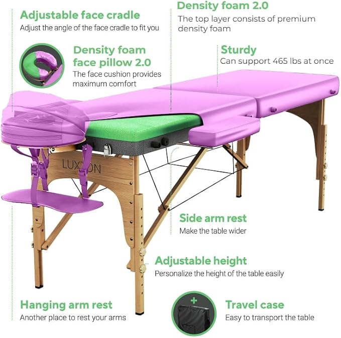 Luxton Home Premium Foam Massage Table Portable Foldable Massage Bed Height Adjustable, 72 Inches Long 27 Inches Wide Home Salon Spa Bed Tattoo Table with Accessories & Carrying Case, Easy Set Up