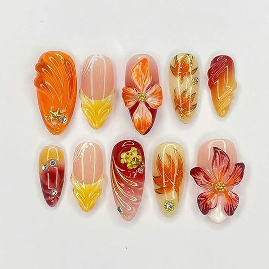 Fall Press on Nails Medium Almond French Tip Fake Nails with 3D Rhinestone Gold Bead Designs Autumn Flower Acrylic Nail Thanksgiving Maple Leaf False Nail Orange Full Cover Stick on Nails for Women