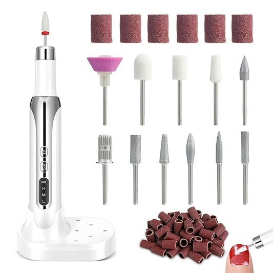 Electric Nail Drill File Cordless,Portable Rechargeable Nail File Kit for Acrylic & Gel Nails,Professional Efile for Manicure Pedicure Polishing,with 12 Nail Drill Bits 31 Sanding Bands,White