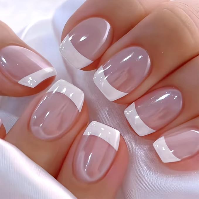 White French Tip Press on Nails Short Square Fake Nails Pink Stick on Nails Full Cover Acrylic False Nails Reusable Natural Glue on Nails With Nude Designs for Women Girl Salon Manicure 24pcs