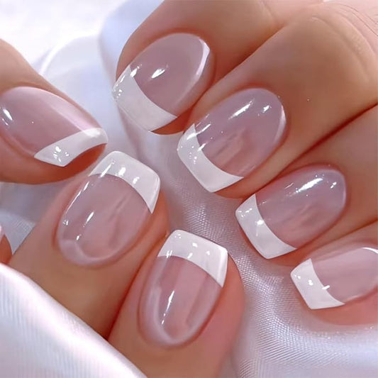 White French Tip Press on Nails Short Square Fake Nails Pink Stick on Nails Full Cover Acrylic False Nails Reusable Natural Glue on Nails With Nude Designs for Women Girl Salon Manicure 24pcs