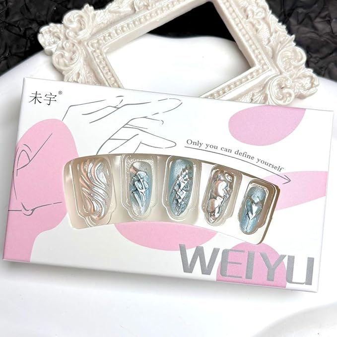 30Pcs Blue Press on Nails Medium Almond Y2k Fake Nails Silver Bow Heart with Glitter Design Full Cover Chrome Press Ons Punk Stick on Nails Gothic False Nails for Women Acrylic Nail Decorations DIY