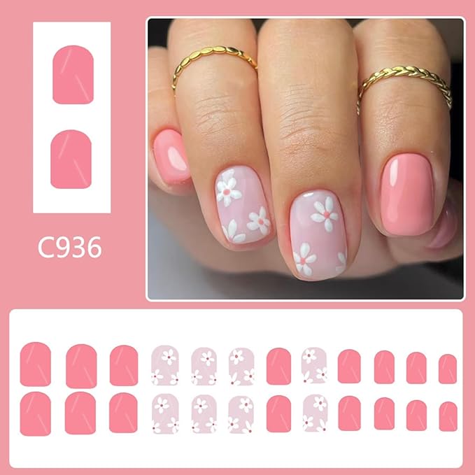 Flower Press on Nails Short Square Fake Nails Pink False Nails White Daisy Floral Glossy Full Cover Acrylic Nails Spring Summer Glue on Nails Cute Artificial Stick on Nails for Women Manicure 24 Pcs