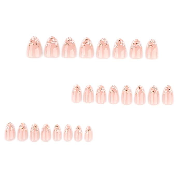 Short Press On Nails Almond, Nude Pink Fake Nails with White Floral & Gold Foil Detail, Glossy Gel Finish Acrylic Nails, Party Reusable Glue On Nails Kit for Women, 24Pcs