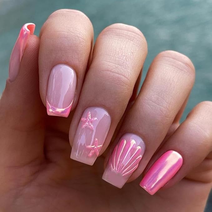 Press on Nails Pink French Fake Nails Medium Rhinestone Square Bling White Nails Glossy False Nail Tips Artificial Nails Luxury Finger Manicure for Women and Girls,24pcs