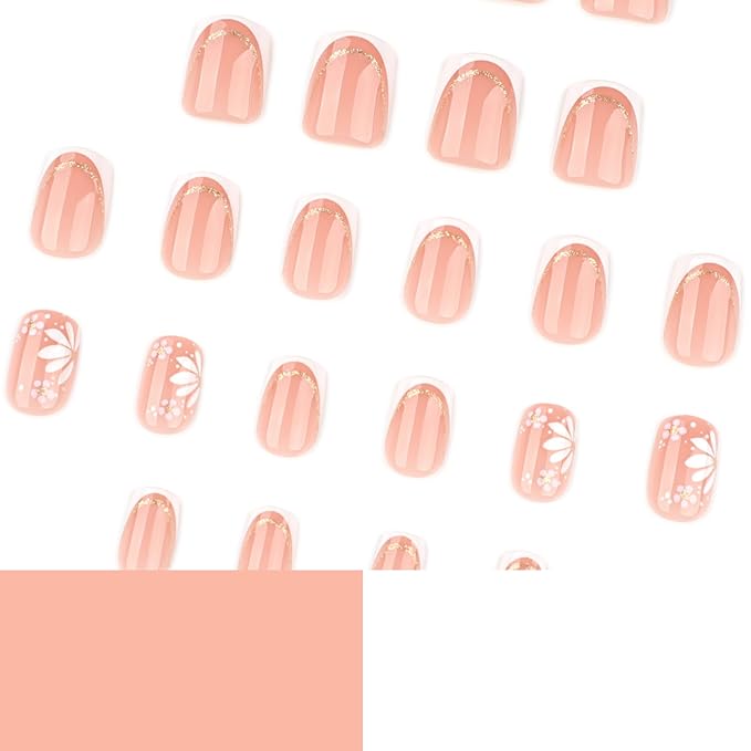 Square Press On Nails Short – Nude Pink French Tips with White Floral Design, 24PCS Thick Acrylic Fake Nails Kit, Glossy Reusable Stick On Nails with Glue & Tools for Women, Elegant DIY Manicure