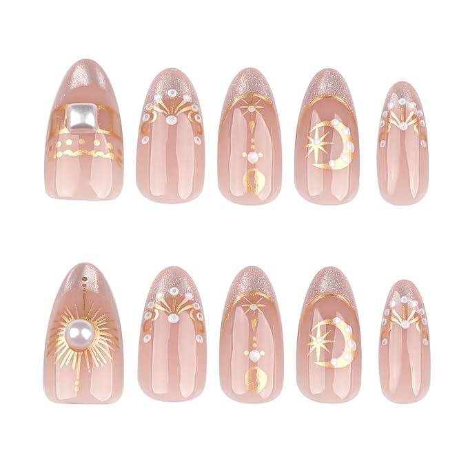 French Nude Press On Nails Almond, Short Fake Nails with 3D Gold Moon and Star Design, Glitter French Tip and Pearl Accents, Glossy Reusable Glue On Nails Kit for Women, 24Pcs
