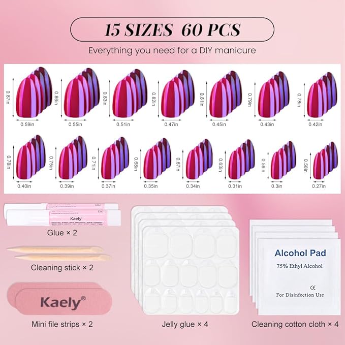 Chrome Red and Purple Press On Nails Short Almond 60 Pcs Kit, Designer Reusable Acrylic Fake Nails with Glue, Glossy Soft Gel Nails for Women Wedding Party Gift - Stick On Glue On Nails Kit