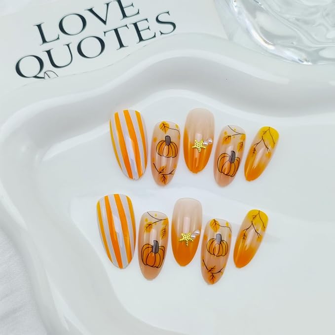 30 Pcs Fall Press on Nails Almond French Tip Fake Nails with Orange Glossy Design Maple Leaves Pumpkin False Nails Autumn Thanksgiving Day Stick on Nail Reusable Holiday Nail for Women DIY Manicure